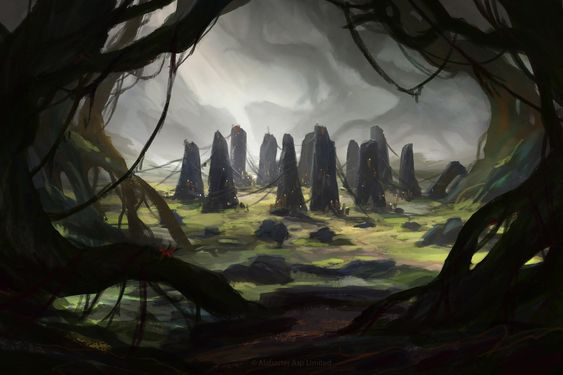 an image of a clearing in a forest with standing stones or monoliths in the center of the clearing. the viewpoint is from within the dark woods, looking out towards the stones. the sky is cloudy and ominous. the overall atmosphere is dark and mysterious.