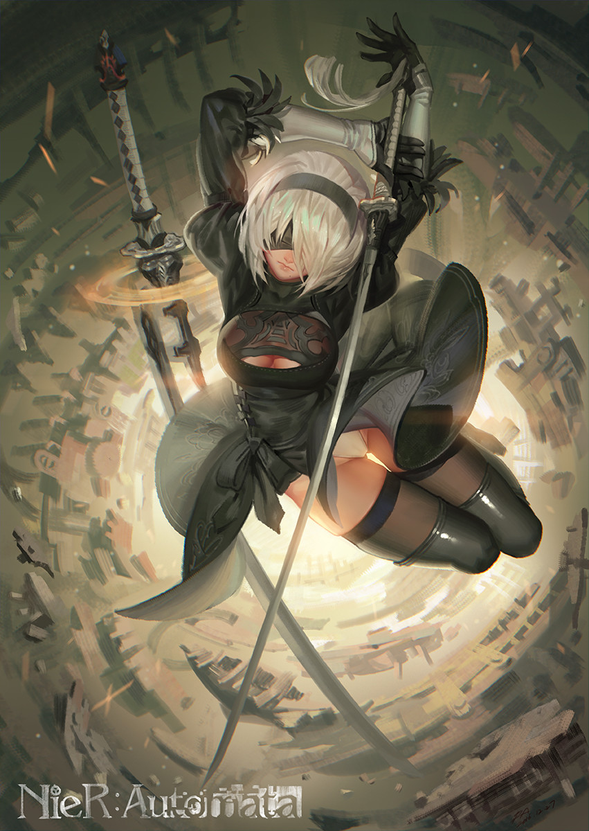 a digital fan art illustration features 2b from nier: automata. she is depicted in an action pose, wielding a sword with a blindfold covering her eyes. her costume includes a black dress and thighhigh boots. the background is abstract, suggesting a battlefield or urban setting. the nier: automata logo is visible at the bottom.