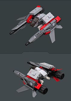 the image showcases a 3d model of a futuristic spaceship rendered in two distinct poses. the design incorporates a predominantly grey and red color scheme, with meticulous detailing on the surface. the lighting suggests a studio setting, highlighting the intricate design of the ship. both poses offer a side perspective of the spaceship, allowing viewers to grasp its overall form and intricate design elements.