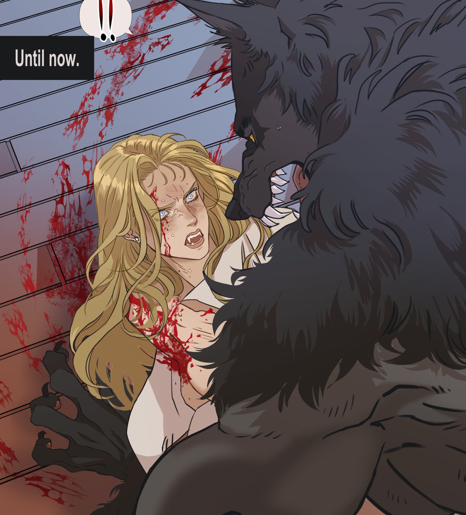 a comicstyle illustration depicts a violent confrontation. a blondehaired vampire with elongated fangs and blue eyes is facing a massive werewolf. the werewolf is darkfurred and appears menacing. splatters of blood are visible on the vampire's face, chest, and on the surrounding wall. the vampire seems to be in distress, possibly injured. the artwork conveys a sense of danger and supernatural conflict. text reading "until now." is visible in the upperleft corner.