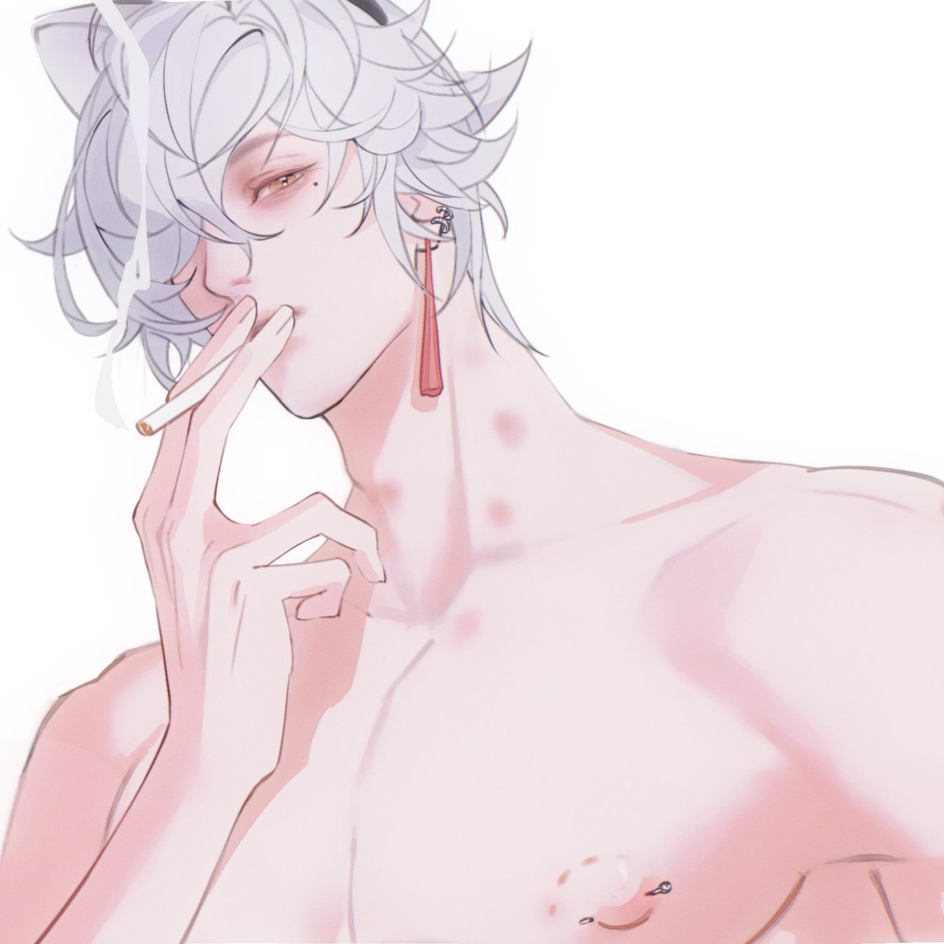 a closeup portrait of a shirtless anime boy with white hair and white eyes. he has several piercings, including a lip piercing, nose piercing, eyebrow piercing, and a piercing on his chest. he has a