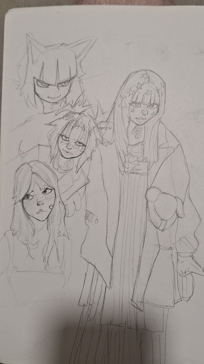 a pencil sketch on a notepad depicts a group of four animestyle female characters. each character has unique features, clothing, and expressions.  the character in the center is the most prominent,  wearing what appears to be a long coat or robe. the style suggests a manga or anime influence, with emphasis on the characters' hair, eyes, and outfits. the sketch is done in a loose style, with lines suggesting form and movement.