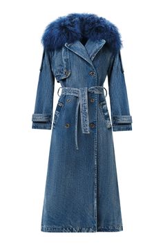 a women's blue denim coat with a fur collar and a belt. the coat is longsleeved and doublebreasted. the fur collar is blue and fluffy. the coat has a belt that is tied at the waist.