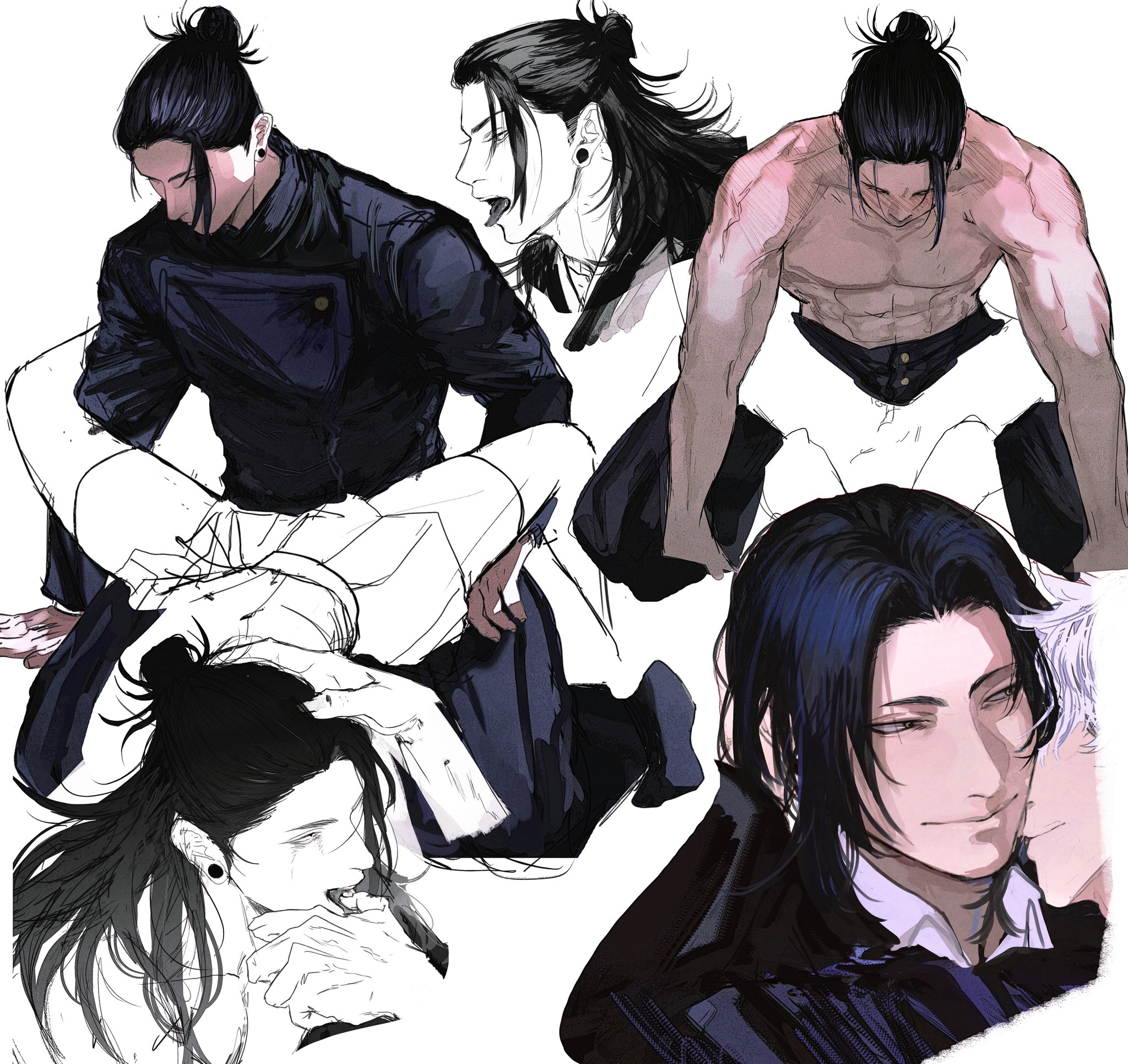 the image is an animestyle illustration of four men. the first man is in a black jacket and is shown in a dynamic pose, with one leg raised and his arm extended. he is looking down with a serious expression. the second man is shown from the waist up, and he is shirtless, with his hair tied back. he is also looking down, with a grimace on his face. the third man is lying on his back, with his head turned to the side. his eyes are closed and he has a peaceful expression. the fourth man is shown from the chest up, with his hair covering his face. he is looking at the viewer with a mysterious expression. the illustration is done in black and white, with a strong contrast between light and dark areas. it has a dynamic and edgy style.