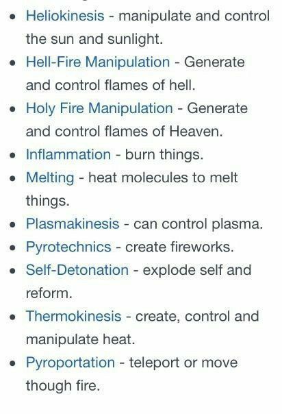 the image displays a list of powers or abilities, likely from a fictional context like a game, book, or roleplaying system. each item on the list includes the name of the ability and a brief description of its effects or function. the abilities are primarily related to manipulation of heat, fire, light, and energy.