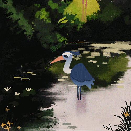 a cartoonstyle illustration of a heron standing in a pond surrounded by green trees. the heron is blue and gray and has a long beak. there are white flowers in the water around the heron. the background is a green forest. the style is a digital illustration with soft colors and a slightly hazy look.