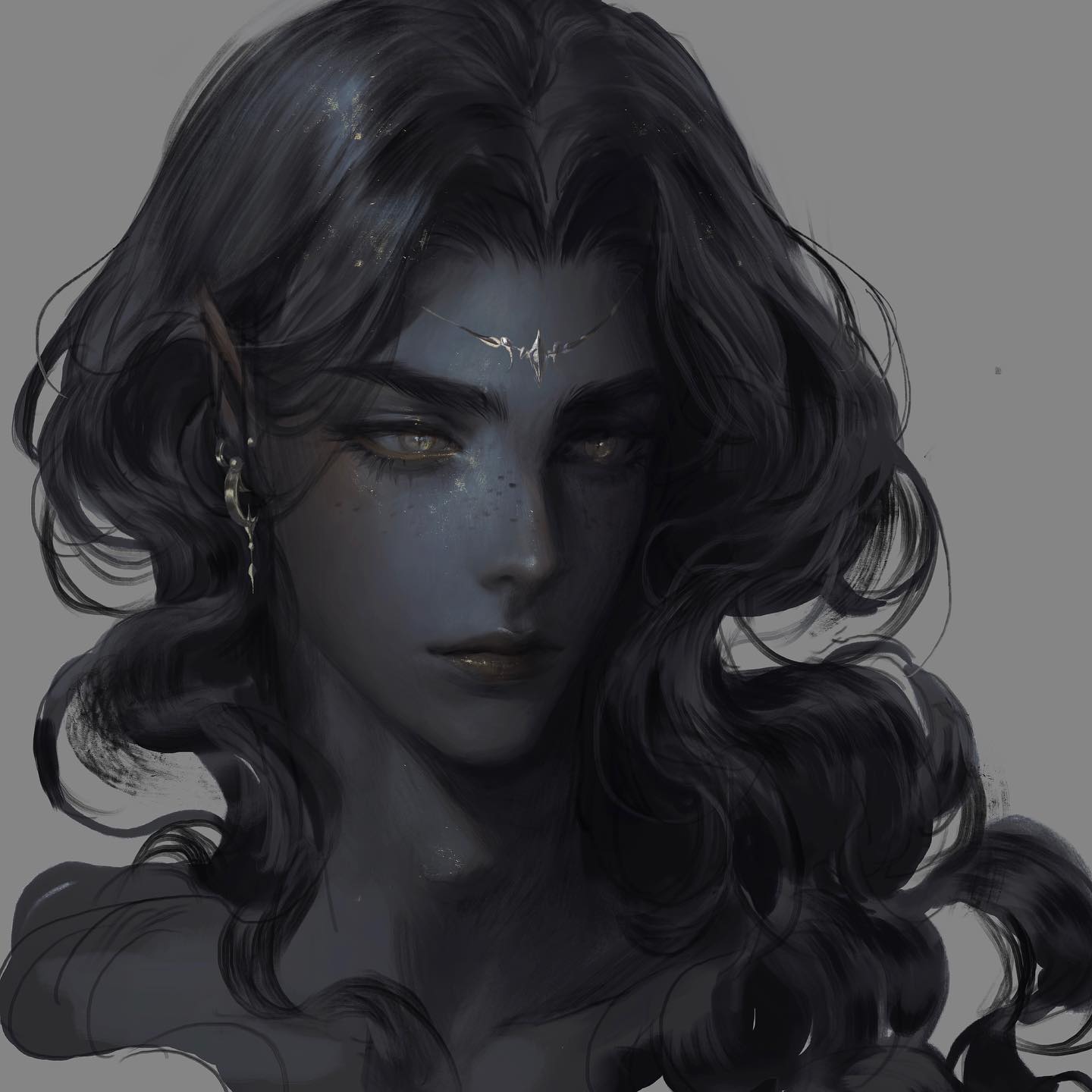 the image shows a digital painting of a dark elf man with long black hair. he has pointed ears, dark blue skin, and piercing golden eyes. he wears a silver tiara on his forehead and a silver earring. the background is a neutral gray, making the subject stand out.