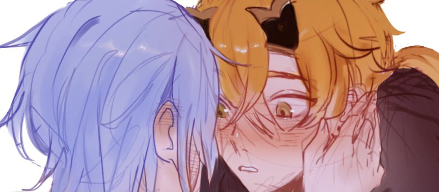 the image shows a closeup of two anime characters, one with blue hair and the other with orange hair, hugging each other. both characters are blushing and appear to be enjoying the moment.  the image suggests a romantic relationship. the background is simple and abstract,  allowing the focus to remain on the characters.  the artwork is in a simple, cartoon style with a bright color palette.
