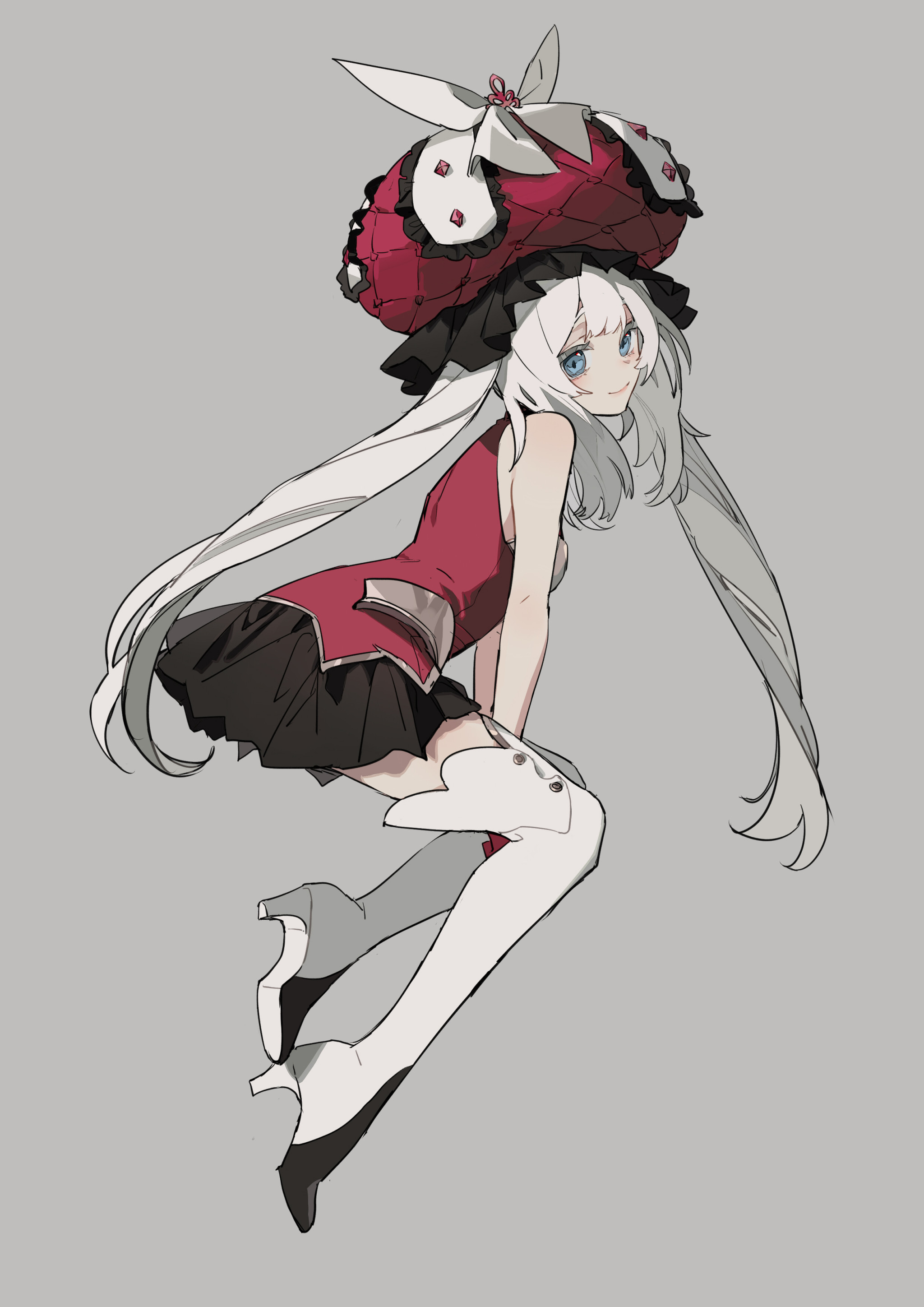 an animestyle full body depiction shows a young woman with white hair and blue eyes. she is posed in a seated position, although not sitting on anything. she wears a red and black dress with a short black skirt, and white thigh high stockings with black high heels. she is wearing a large red, white, and black decorative hat with a bow. the background is a neutral gray color.