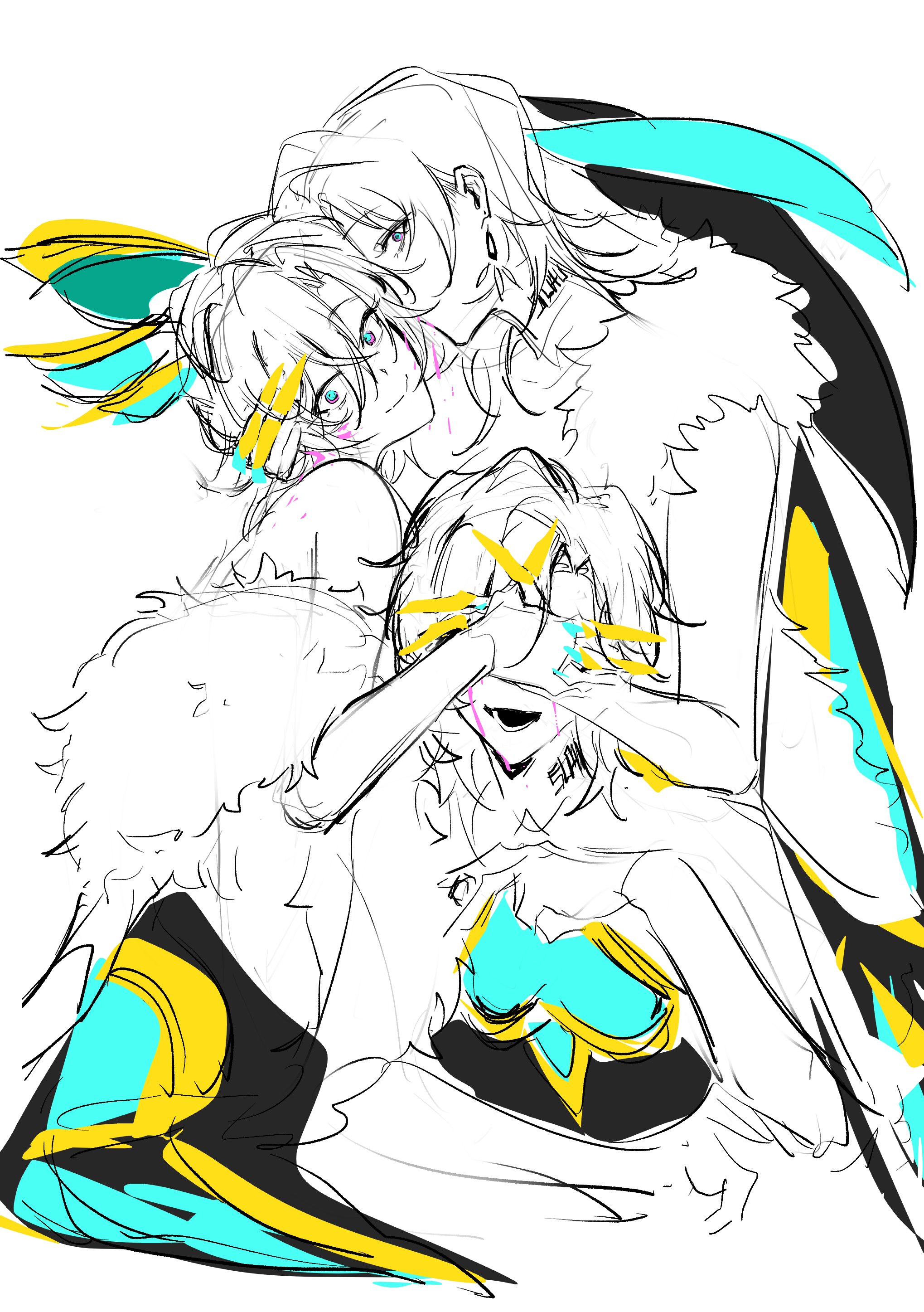 a sketch of two female anime characters. one has her arm around the other and is covering her friend's eyes. the friend is smiling with her eyes closed. they both have colorful hair and clothes.
