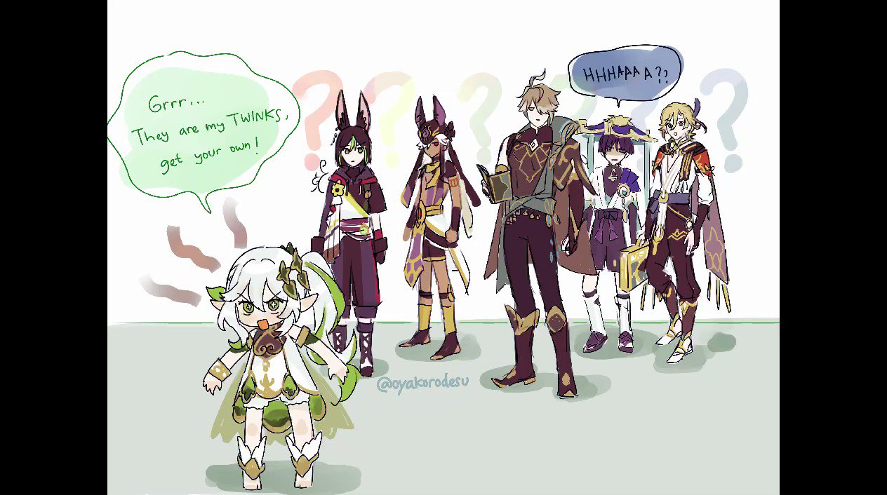 a digital illustration of the characters from genshin impact, the character on the left side is saying "grrr... they are my twinks, get your own!" while the other characters look at him with a confused expression. the one on the right side of the illustration is saying "hhhaaa a??".  the artwork is a humorous depiction of the characters and their relationship.