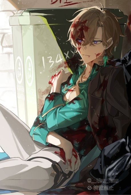 the image is a detailed digital painting or illustration in the anime/manga style. it depicts a young man with shoulderlength brown hair and purple eyes, heavily injured and covered in blood. he is dressed in a teal jacket over a grey collared shirt and grey pants. he's sitting slumped against a green dumpster in a dark alleyway with graffiti visible on the walls, including the number "134."  the overall mood is dark, dramatic, and suggestive of violence or a fight. his expression is one of pain and perhaps despair. the artist's signature is visible in the bottom right corner, suggesting that it might be fanart. the level of detail, particularly in the rendering of the blood and the character's features, indicates a high level of skill.