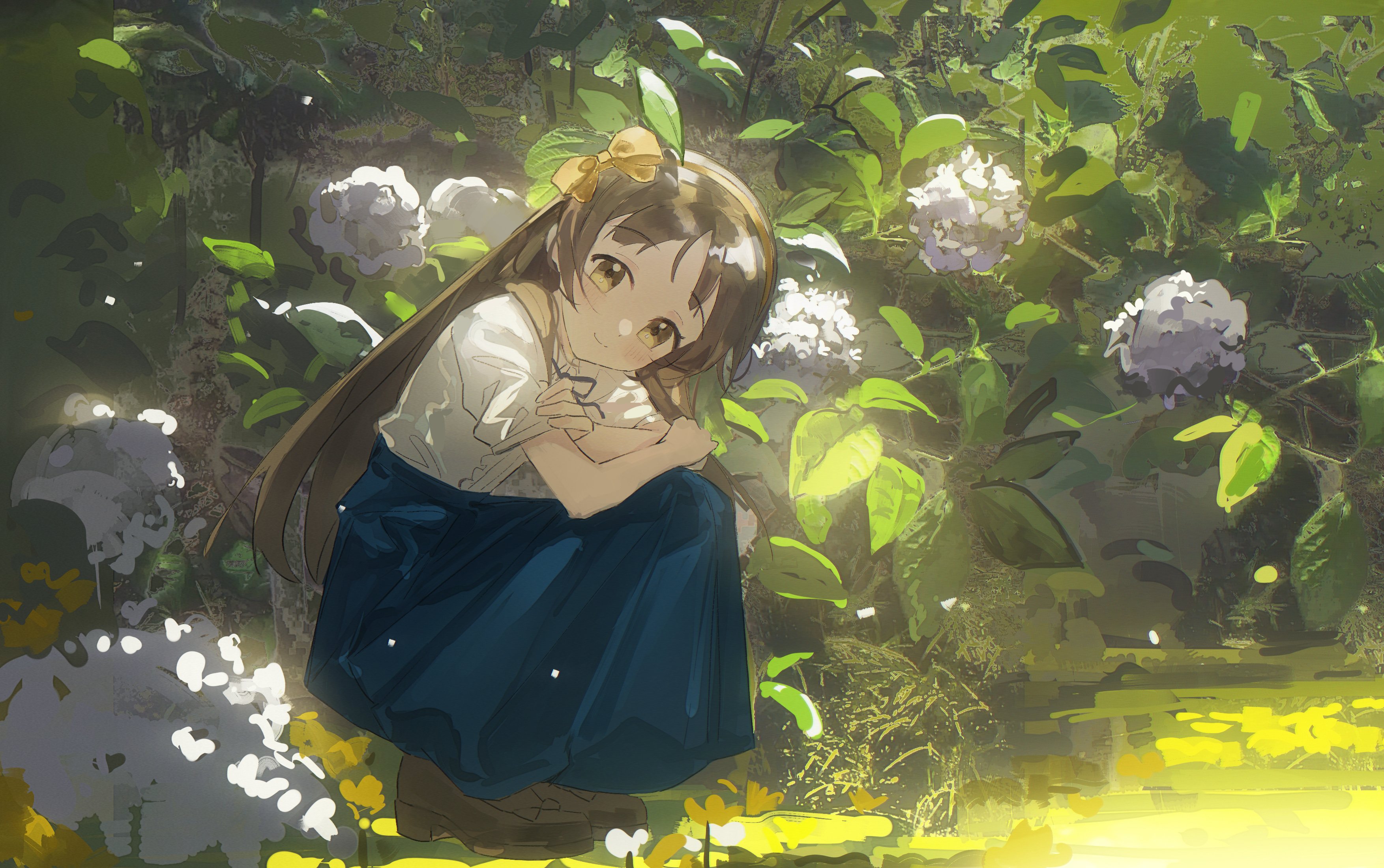 an anime girl with long brown hair and a yellow ribbon in her hair is crouching among flowers and leaves. she is wearing a white shirt and blue skirt, and the scene is bathed in a soft light.