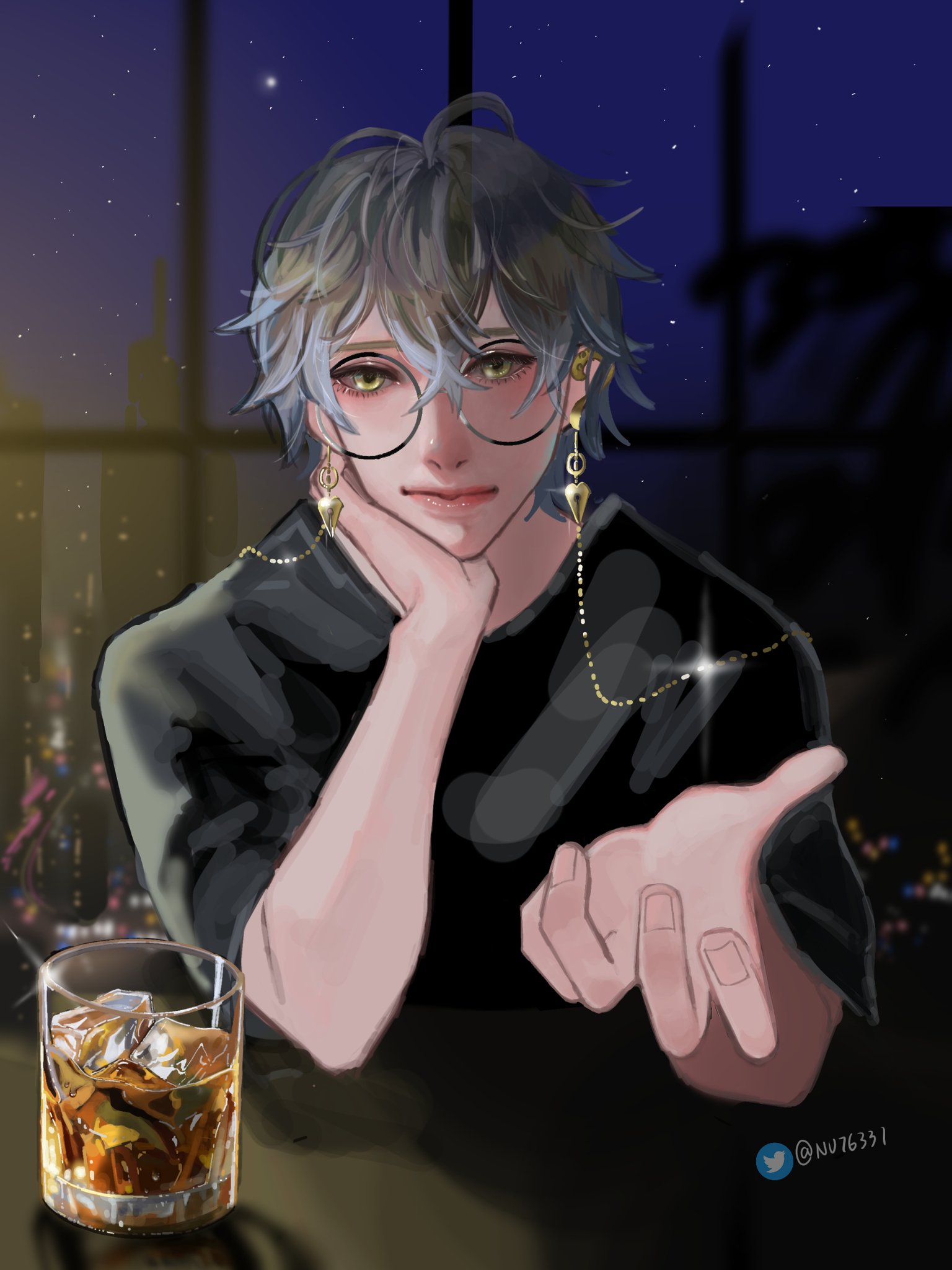 this is a digital art illustration of an anime boy. he has silver hair and is wearing black shirt and a pair of round glasses. he has gold necklace and earrings. he is sitting at a bar counter with a glass of whiskey in front of him and gazing at the viewer. the background is a night cityscape with a window and stars visible in the night sky.