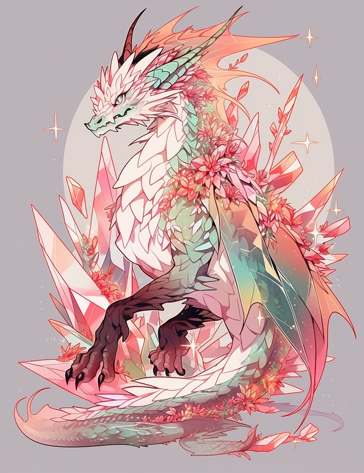 the image is a fantasy illustration of a dragon adorned with crystals and flowers. the dragon is predominantly white and pastelcolored with accents of green, pink, and peach. it is surrounded by large, sharp pink crystals and dotted with small red flowers. the dragon's scales are detailed, and it has dark brown claws. the overall aesthetic is whimsical and magical, with sparkling effects adding to the fantasy feel. the background is a soft gray with a pale moonlike circle behind the dragon.