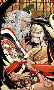 the image is a stylized illustration in the style of manga or anime, possibly inspired by ukiyoe. it depicts two men in elaborate, traditional japanese clothing. one man has long white hair and wears a richly colored kimono, primarily in red and black.  the other man has dark hair, a more muscular build, and also wears a richly colored kimono. they are in a close embrace, their bodies intertwined, with red strings or cords entwining them.  the art style is highly detailed, focusing on intricate patterns and textures in the clothing and the figures' features. the overall atmosphere is dramatic and slightly dark, possibly suggesting a complex relationship or story.