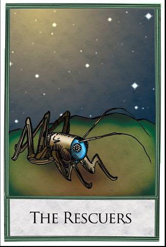 an illustration depicting a mechanical cricket from the disney movie, "the rescuers". the cricket is drawn in a steampunk style, with intricate gears and cogs. the illustration is set against a starry night sky.