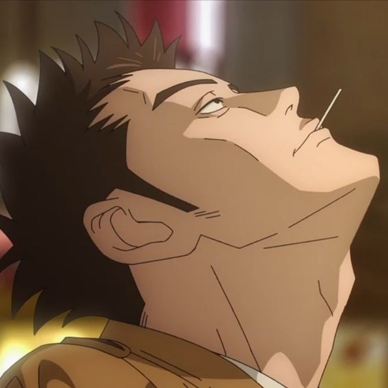 a closeup of a man with short, spiky dark hair and a toothpick in his mouth. he is looking upward with a bored or unimpressed expression. the man has a strong jawline and appears to be wearing a light brown jacket. the setting appears to be indoors with warm artificial lighting.