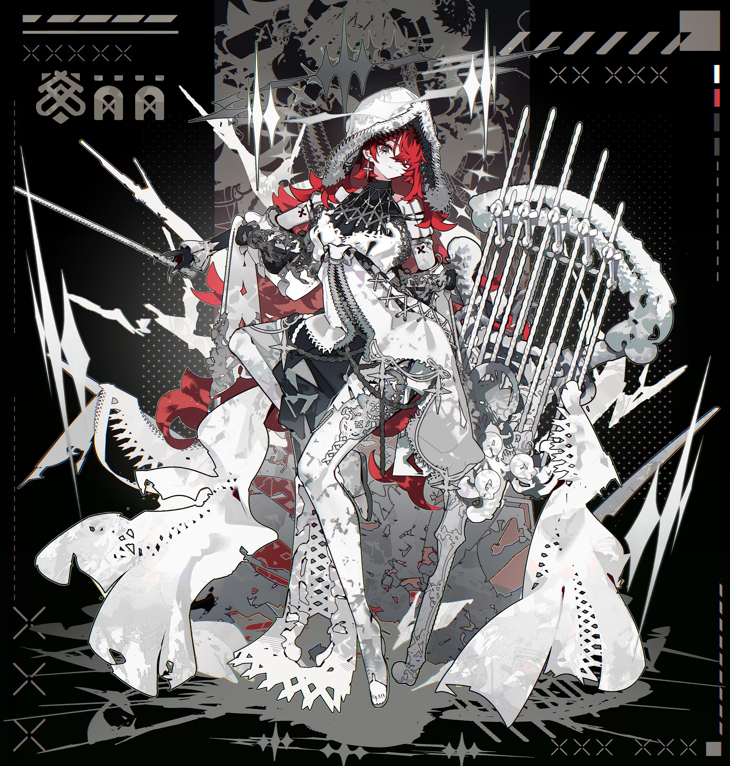 the image showcases a striking female warrior clad in elaborate black and white attire. she commands attention with flowing red hair, piercing gaze, and a confident posture. her clothing boasts intricate details, blending elements of armor and flowing fabric. adding to her formidable presence, she wields a unique weapon—a harp with sharp, bladelike strings. the backdrop is an abstract canvas of black, white, and gray tones, accented by stylized lightning bolts that amplify the overall dramatic effect.