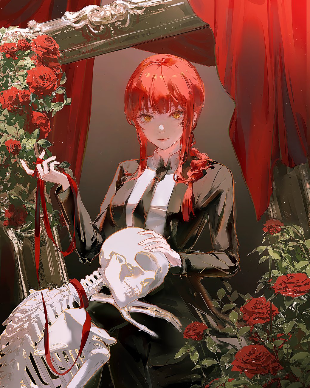 the artwork depicts a stylized animestyle young woman with vibrant red hair, wearing a dark, elegant suit and a tie.  she's seated in a dark, ornate frame adorned with lush red roses. she holds a human skull gently in her hands, with a skeleton partially visible at her feet, connected by a red ribbon that also drapes from her hand.  the overall mood is gothic and mysterious, heightened by the dark colors and the juxtaposition of the beautiful woman with the macabre elements of the skull and skeleton.  the red roses and curtains add to the dramatic ambiance. the style is a mix of painterly digital art, combining soft shading with sharp lines and detailed textures.