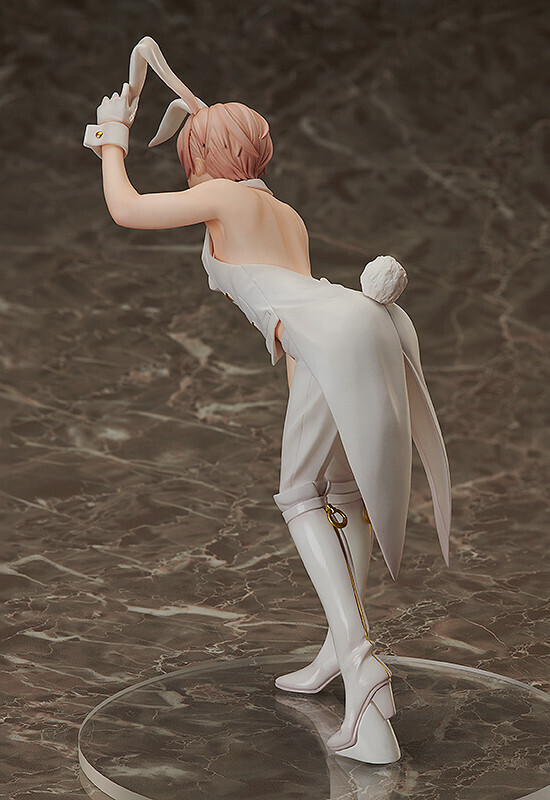 the image shows a rear view of an anime figurine of a girl dressed in a white bunny girl costume.  the costume includes a white dress, long white boots with gold accents, and a fluffy white tail. the figurine is posed dynamically, with the girl's body slightly tilted, and she wears a pair of white gloves.  the figure is displayed on a circular clear base on a marblelike surface. the overall style is elegant and suggestive of a cute, kawaii aesthetic. the lighting and background focus on the figure, emphasizing its details.