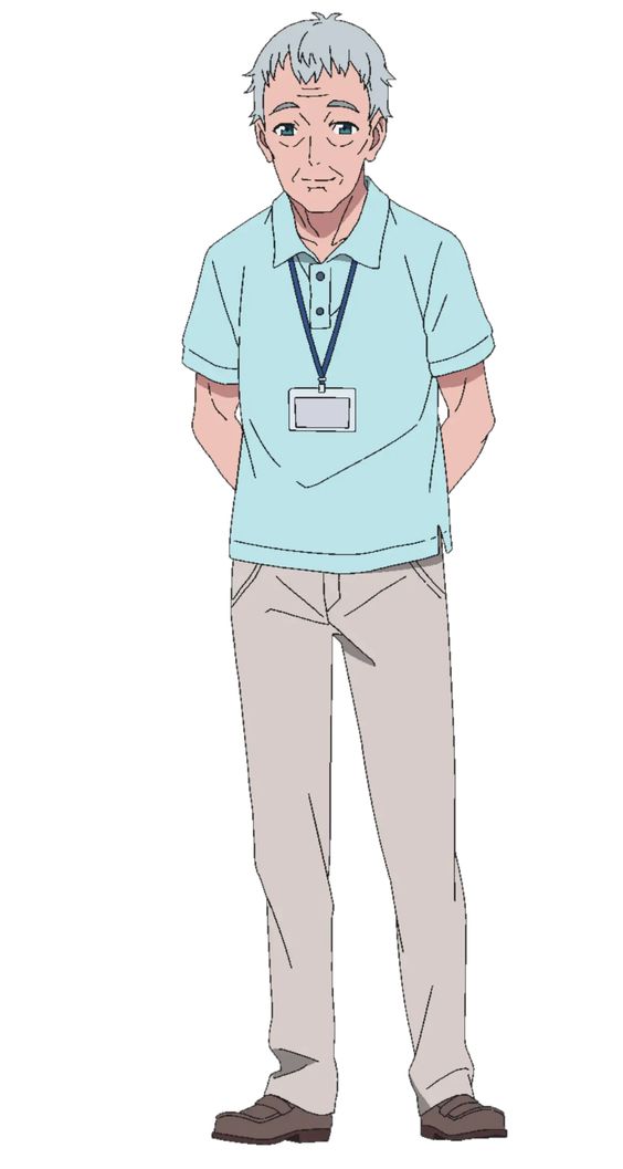 an anime drawing of an old man wearing a blue polo shirt, a name tag, gray pants, and brown shoes.