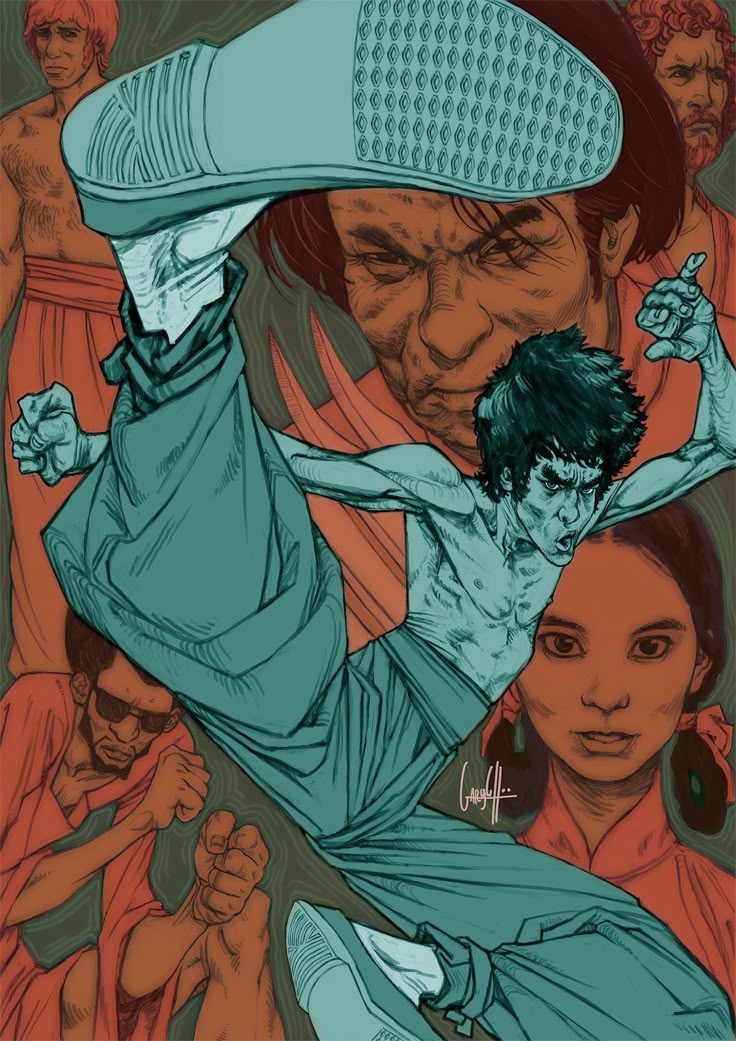 an illustration featuring bruce lee in a dynamic kick, surrounded by other characters in a retro, vintage style reminiscent of classic movie posters. the artwork showcases martial arts action with an illustrated aesthetic.