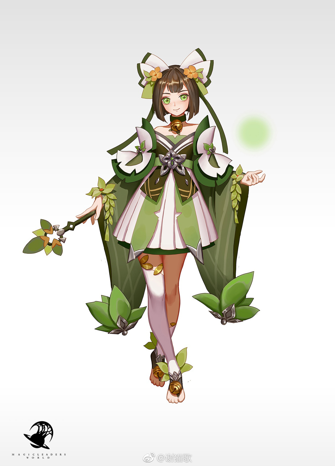 a cute female anime character with green hair, large brown eyes, and a green dress with white and gold accents. she is holding a staff with leaves and flowers on it. the character is standing on a white background. she looks like a magical girl.