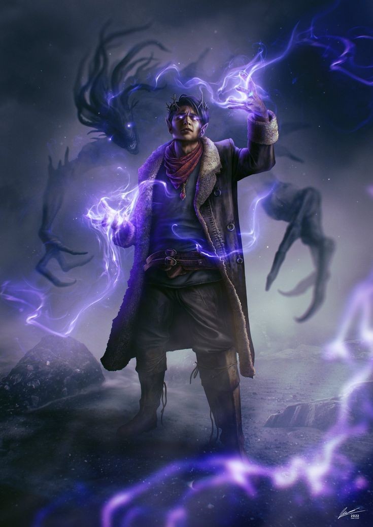 a fantasy character, a dark wizard or sorcerer, stands in a mystical and ethereal atmosphere, radiating power. he is surrounded by swirling purple energy and a shadowy, ghostly creature, suggesting he is casting a spell or wielding powerful magic. his expression is serious, and he has a determined look on his face, hinting at a powerful and potentially dangerous act. the overall feeling of the image is one of intrigue and mystery, suggesting that the character is involved in something significant and possibly dangerous.