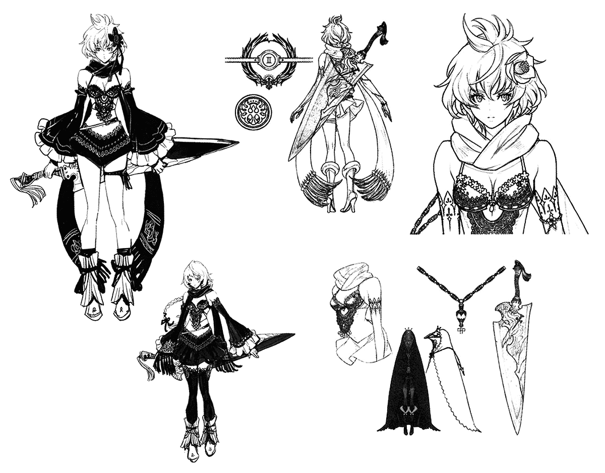 this is a black and white sketch page of a female character design. it showcases the character in various poses and outfits, along with closeup details of accessories and weapons. the character appears to be a warrior or adventurer.