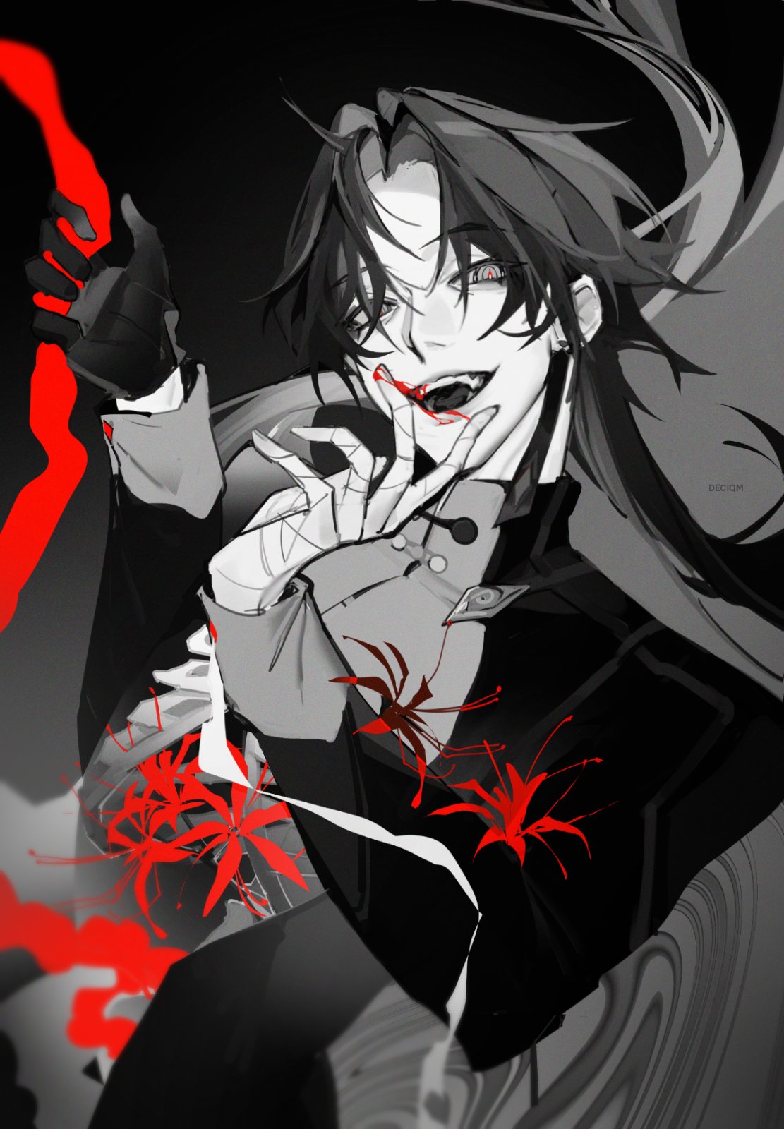 a digital illustration of an anime character in a black and white style, with the exception of the red blood dripping from his mouth, along with a hint of red flowers. his eyes are a dark grey, and he is smiling a creepy smile that makes him look sinister. the background is also dark, with swirls and lines that make it look like the character is being drawn into a vortex.