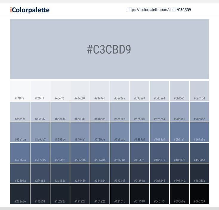 the image is a color palette featuring a range of blue and gray shades. each color is displayed in a small rectangle with its corresponding hexadecimal color code underneath. the palette is organized in rows with progressively darker shades, and a prominent color block at the top displays the primary color, #c3cbd9, along with the icolorpalette logo and url.