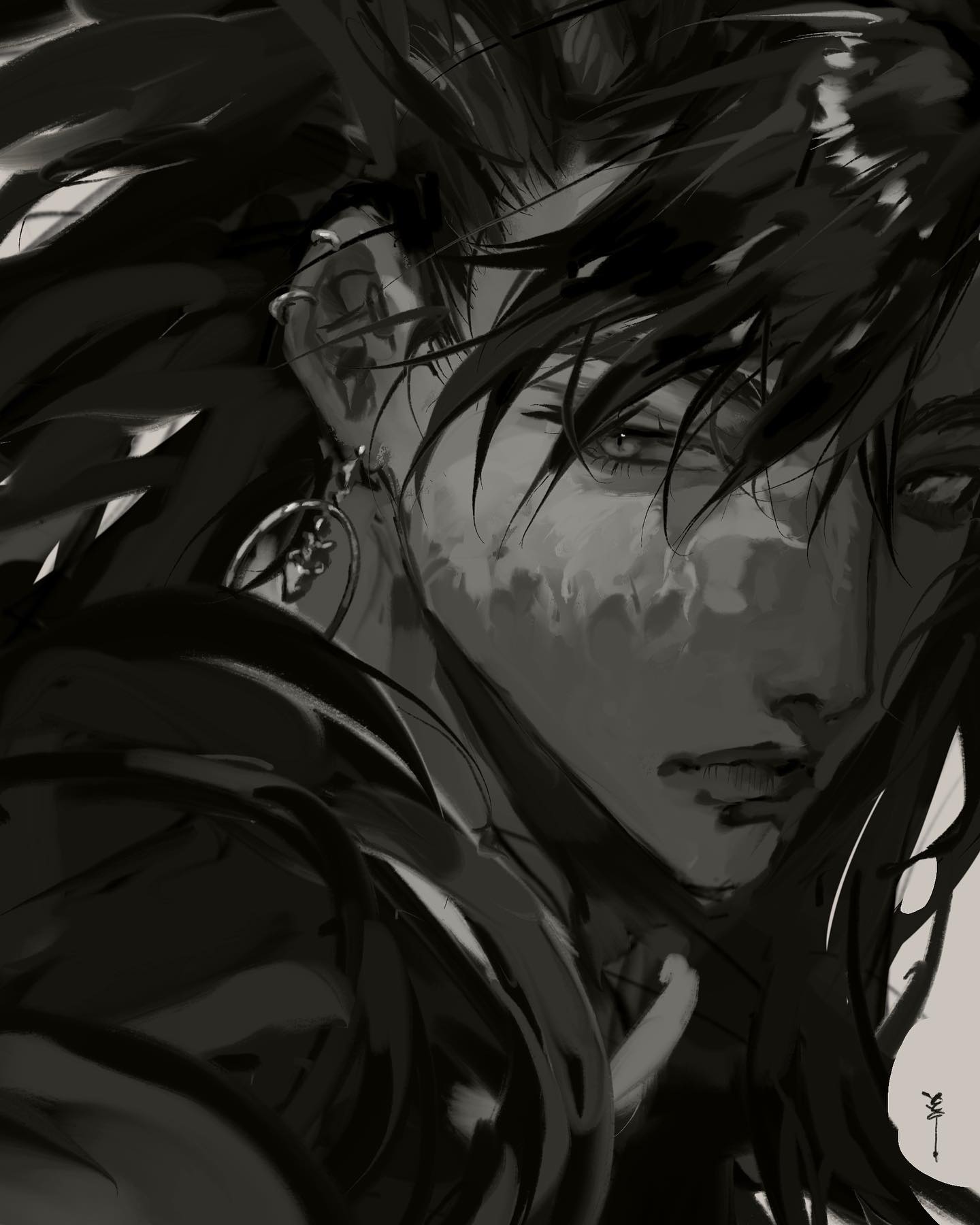 the image is a striking, closeup monochrome digital painting or illustration of an anime or mangastyle character.  the character is depicted with long, dark, flowing hair that partially obscures their face.  their eyes are strikingly visible, conveying intensity and perhaps sadness.  there are noticeable scars or markings on their face adding to the mysterious and slightly edgy aesthetic. the overall style is painterly and expressive, with strong contrasts of light and shadow adding depth and drama to the portrait.  the background is largely obscured by the character's hair and clothing, drawing the viewer's focus entirely to their face. the artist's signature is subtly placed in the bottom right corner.
