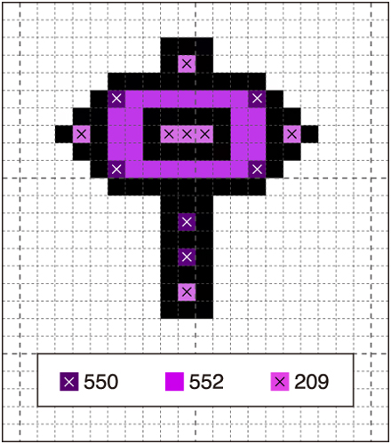 this image shows a pixel art design of a hammer. the hammer is outlined in black with a purple fill. the pattern is on a grid and labeled with numbers that represent the colors for each pixel.