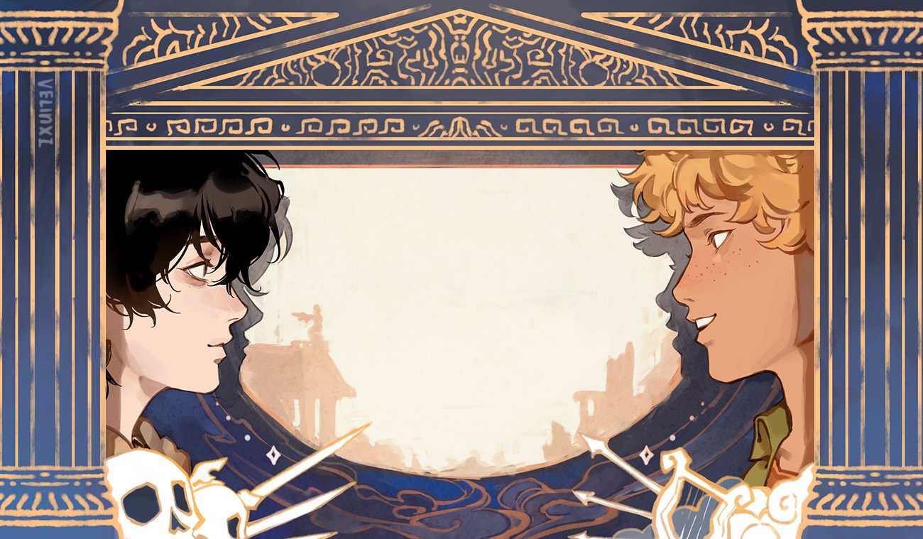 an illustration features nico di angelo and will solace, done in a cartoon style. nico, with black hair, is on the left, and will, with blonde hair and freckles, is on the right. both are in profile, facing each other. the background between them shows a faded, paintedstyle scene of ancient greek architecture. the foreground includes skulls and arrows on either side of the figures. the image is framed by greekstyle pillars in dark blue with light brown accents and geometric patterns. the artist's signature, "velinxl," is visible on the upper left pillar.