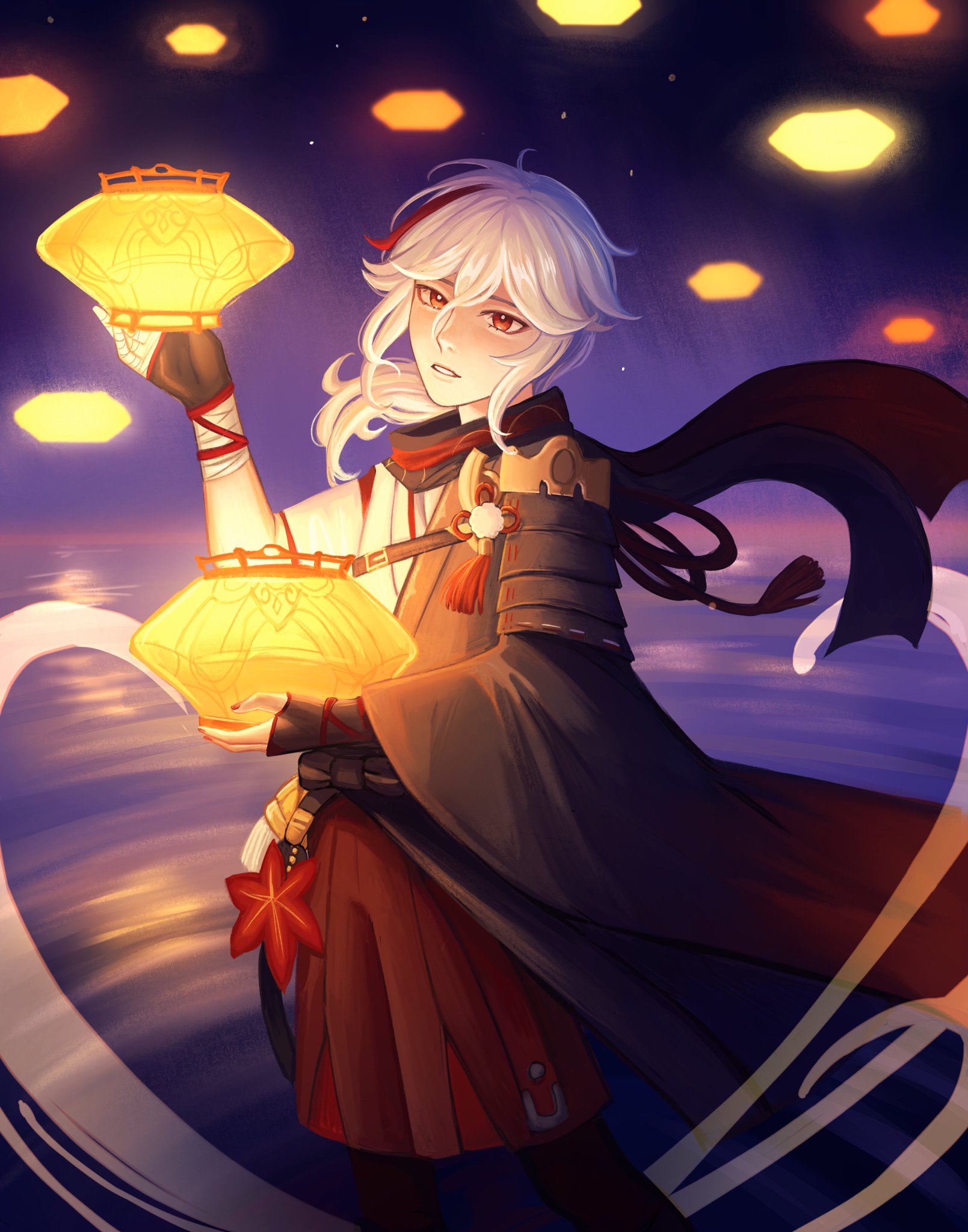this is a digital illustration of an anime boy with white hair wearing traditional japanese clothing and holding two floating lanterns. he is standing in a night sky filled with stars and other floating lanterns. the boy is looking up at the lanterns with a thoughtful expression. the image is a beautiful example of fantasy art and character design.