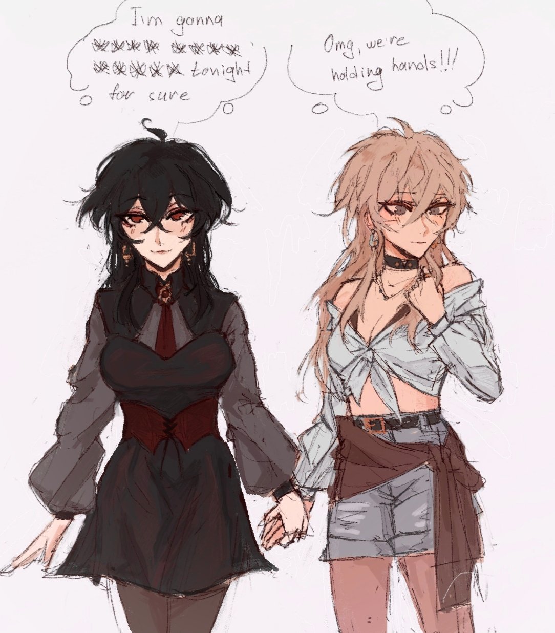 two women are depicted in a drawing. the woman on the left has black hair and is wearing a black dress with a red accent. the woman on the right has blonde hair and is wearing a white tiedup shirt and grey shorts with a brown sash. they are holding hands. above the woman on the left is a thought bubble that reads "i'm gonna [censored] tonight o for sure". above the woman on the right is a thought bubble that reads "omg, we're holding hands!!!".