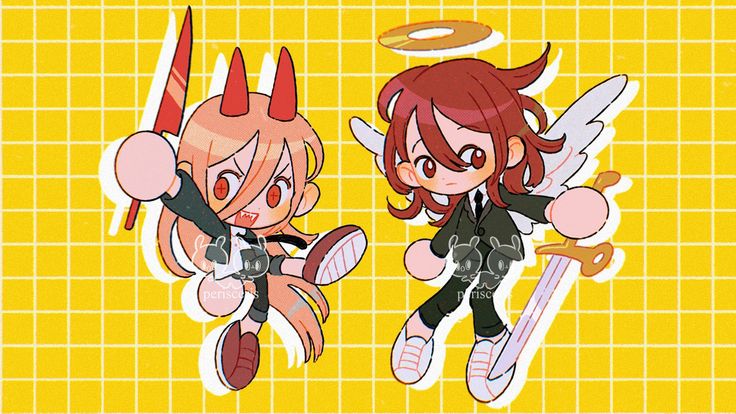 the image is a digital drawing featuring two chibistyle characters, one with devil horns and a lollipoplike weapon, and the other with angel wings and a sword.  both characters are styled in a cute and playful manner with large eyes and simplified features, typical of anime and manga art styles.  they are set against a bright yellow grid background, adding to the overall cheerful and lighthearted atmosphere.  the art style is reminiscent of kawaii aesthetics.
