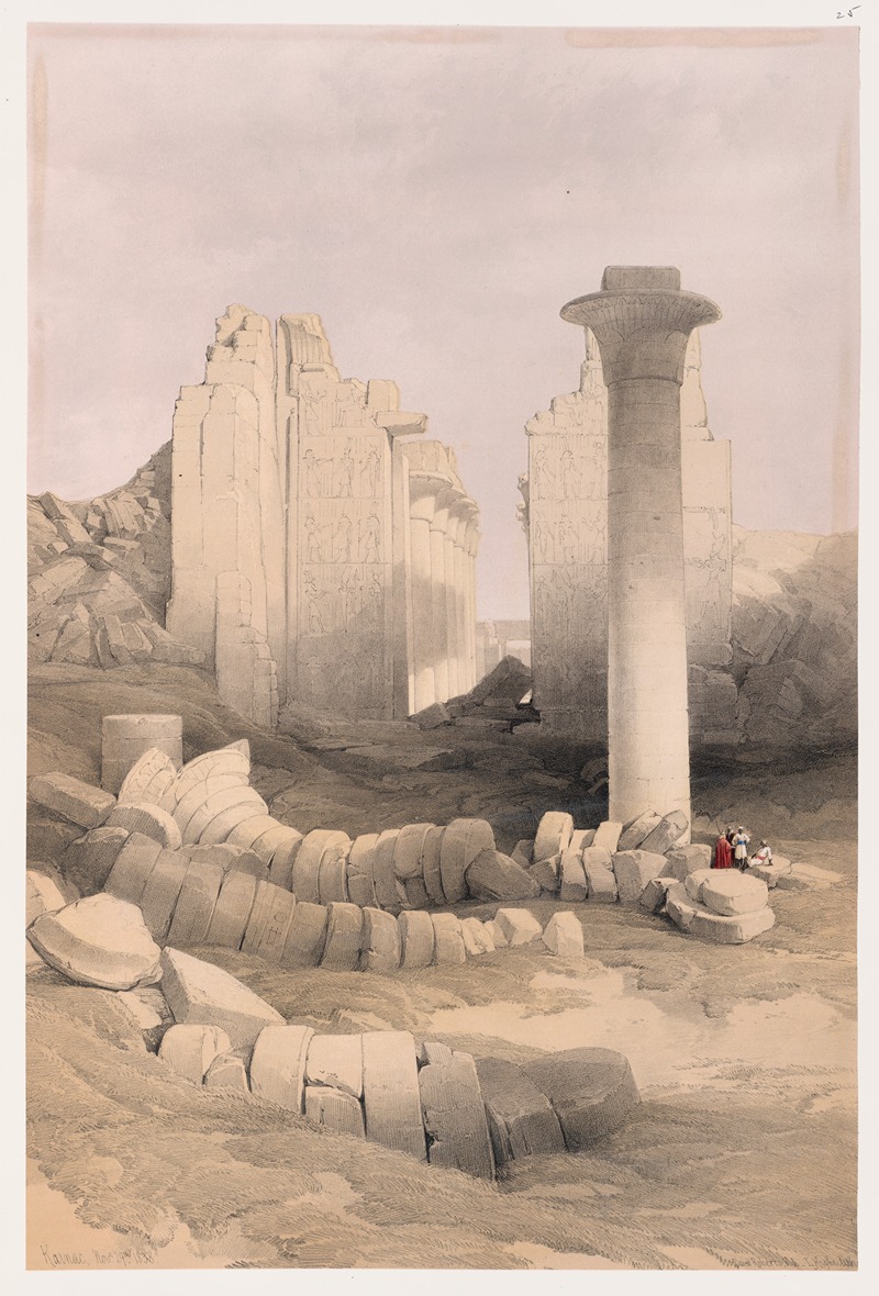 the image shows a watercolor drawing of ancient egyptian architecture ruins with columns and temples in an arid landscape. the columns are massive, and the temple structures are decorated with relief carvings. there are a few people visible near one of the fallen columns.