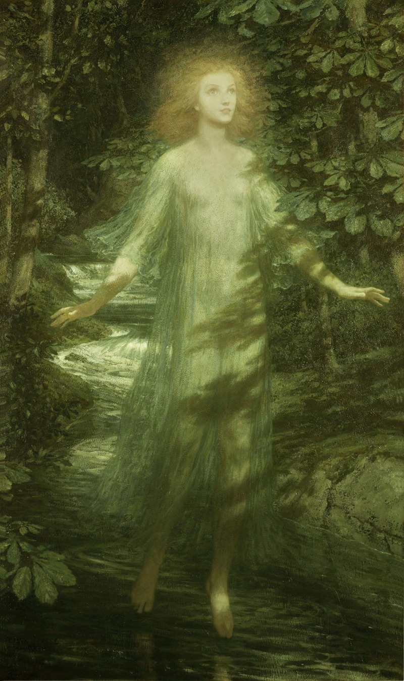 a painting depicts a fairskinned woman, possibly a nymph, standing in a forest stream. she is surrounded by lush greenery, with trees and leaves creating a dense, natural setting. the woman is barefoot and wears a long, flowing dress. the overall atmosphere is ethereal and mystical, with soft lighting and a fantasylike quality. a stream is flowing behind her.