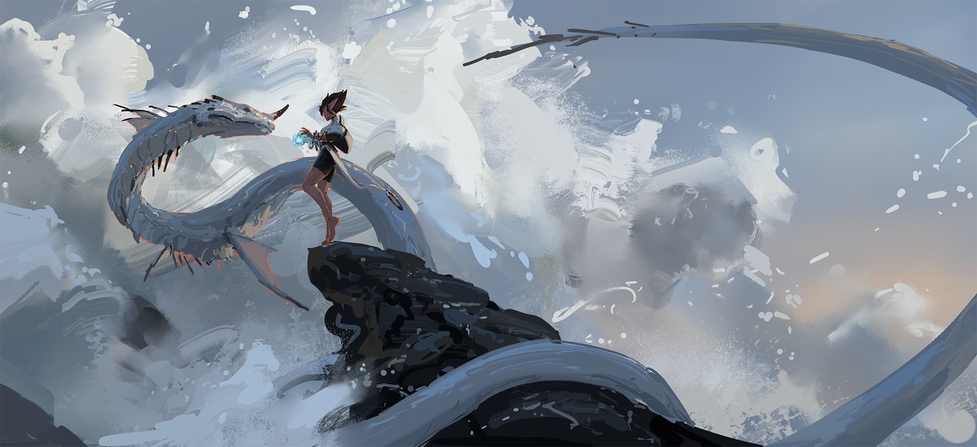 the artwork depicts a stylized digital painting of a young woman standing on a dark rock outcropping amidst a tumultuous ocean.  a large, serpentine, pale blue dragonlike creature is coiled around the rocks near her. the woman holds a small, glowing light blue orb in her hands. the overall style is painterly and loose, with visible brushstrokes conveying a sense of movement and energy in the water and the dragon's form.  the color palette is muted, dominated by shades of blue, grey, and white, creating an ethereal and somewhat mystical atmosphere. the scene suggests a peaceful interaction between the woman and the creature. the background features stylized waves that are both powerful and serene.