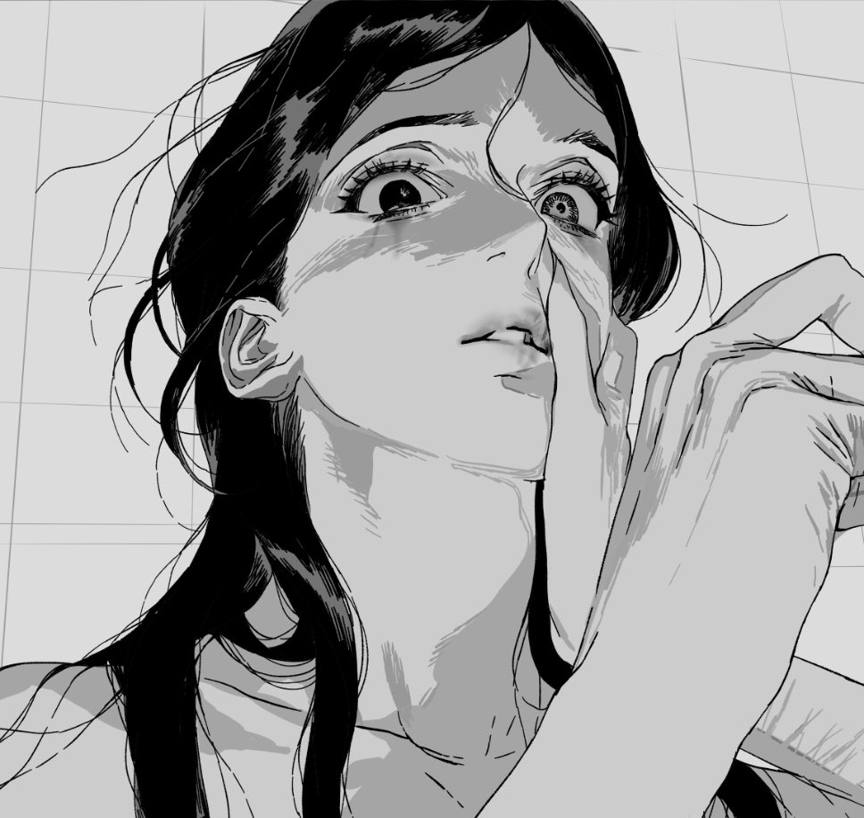 a grayscale mangastyle portrait of a woman with a look of fear or anxiety. her eyes are wide and dark circles are visible beneath them. her hand and fingers are close to her face, almost touching her eye. she has long, dark hair. the background suggests a bathroom with tiles.