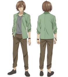 this is a 2d character design of a young man with short brown hair and brown eyes. he is wearing a light green, collared shirt over a dark gray tshirt, brown pants, and black shoes. the image shows both a front and back view of the character. the art style suggests it could be from an anime or manga.