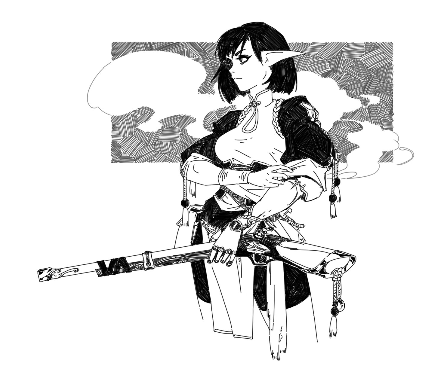 the image is a black and white ink illustration of a female elf warrior.  she has pointed ears and dark hair styled in a bob. her expression is serious and she stands with her arms crossed over her chest, holding a long, ornate rifle.  she wears clothing that seems to blend asianinspired elements with a fantasy warrior aesthetic: a highcollared, loosefitting top, pants, and decorative tassels or cords hang from her garments. the background is stylized with a textured, cloudy pattern. the overall style is detailed line art, suggestive of both anime and manga influences, with a strong focus on the character's pose and weapon.