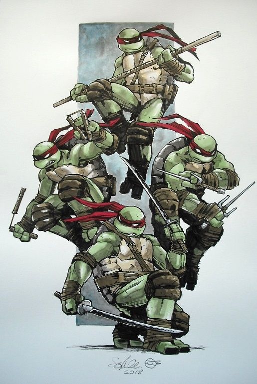 this is an illustration of the teenage mutant ninja turtles (tmnt), leonardo, donatello, michelangelo, and raphael, as a team they stand and pose with their weapons in hand ready to fight for justice. the background has a light blue and gray color scheme.  they are ready to face whatever challenges that come their way. they are the ultimate heroes of the sewers.