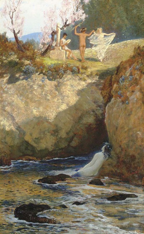 this is an oil painting on canvas by arnold böcklin, depicting a scene with pan and nymphs. it shows a classical, idyllic landscape with a stream flowing in the foreground. a nude nymph emerges from the water, while pan stands on a grassy slope above. there are other figures in the background, including a figure seated with a disc and another figure wearing a flowing dress. the painting features rocks, trees, and hints of a blossoming tree in the distance.