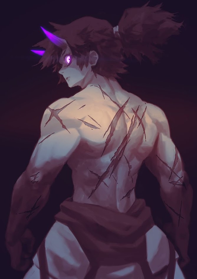 a back view of a male demon slayer, his body is covered in scars and he is holding a katana. the demon slayer has purple eyes and horns. the illustration is done in a dark and gritty style.