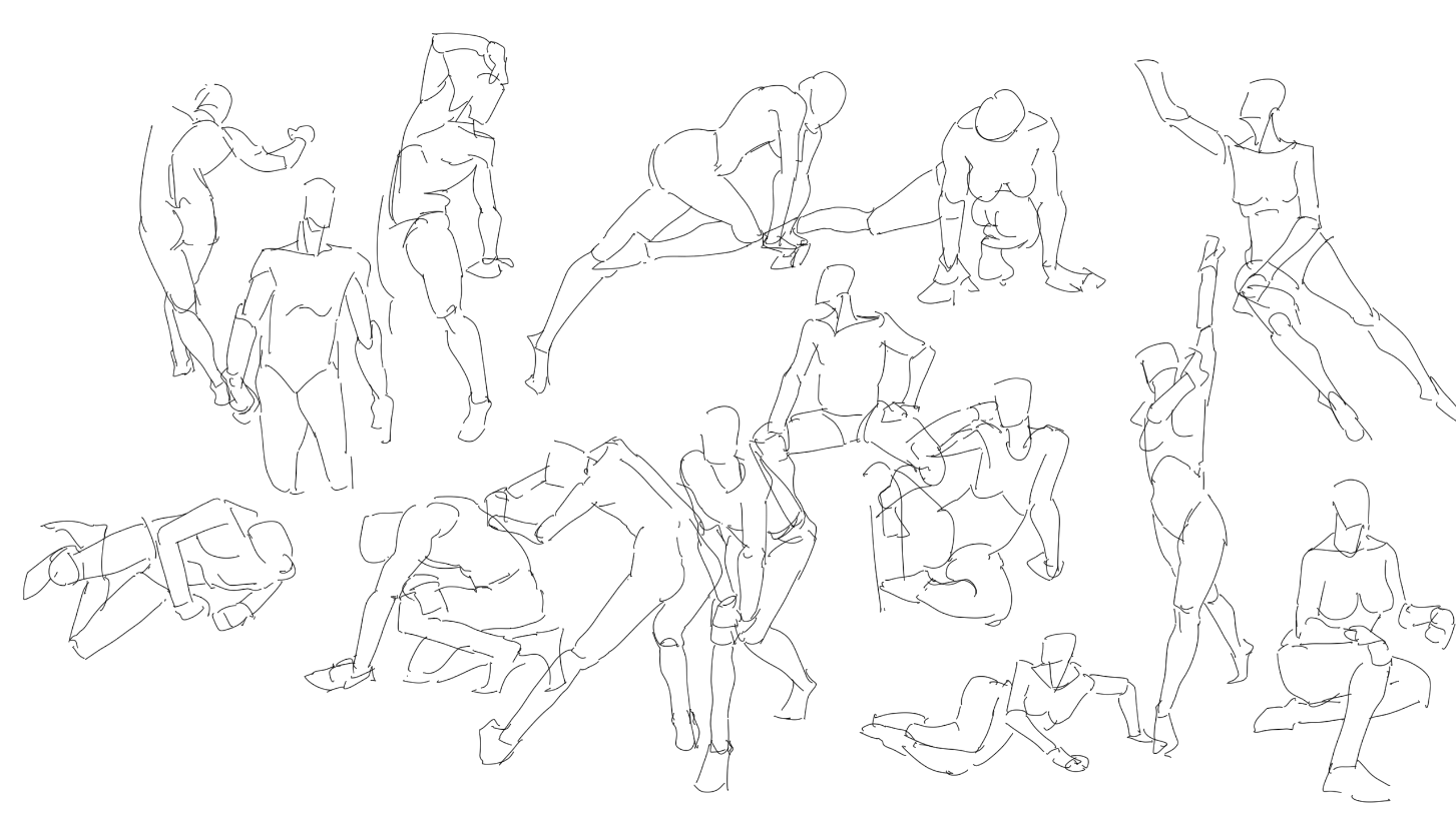 the image showcases a collection of quick figure sketches. the drawings capture various dynamic poses of human figures, rendered with flowing lines.