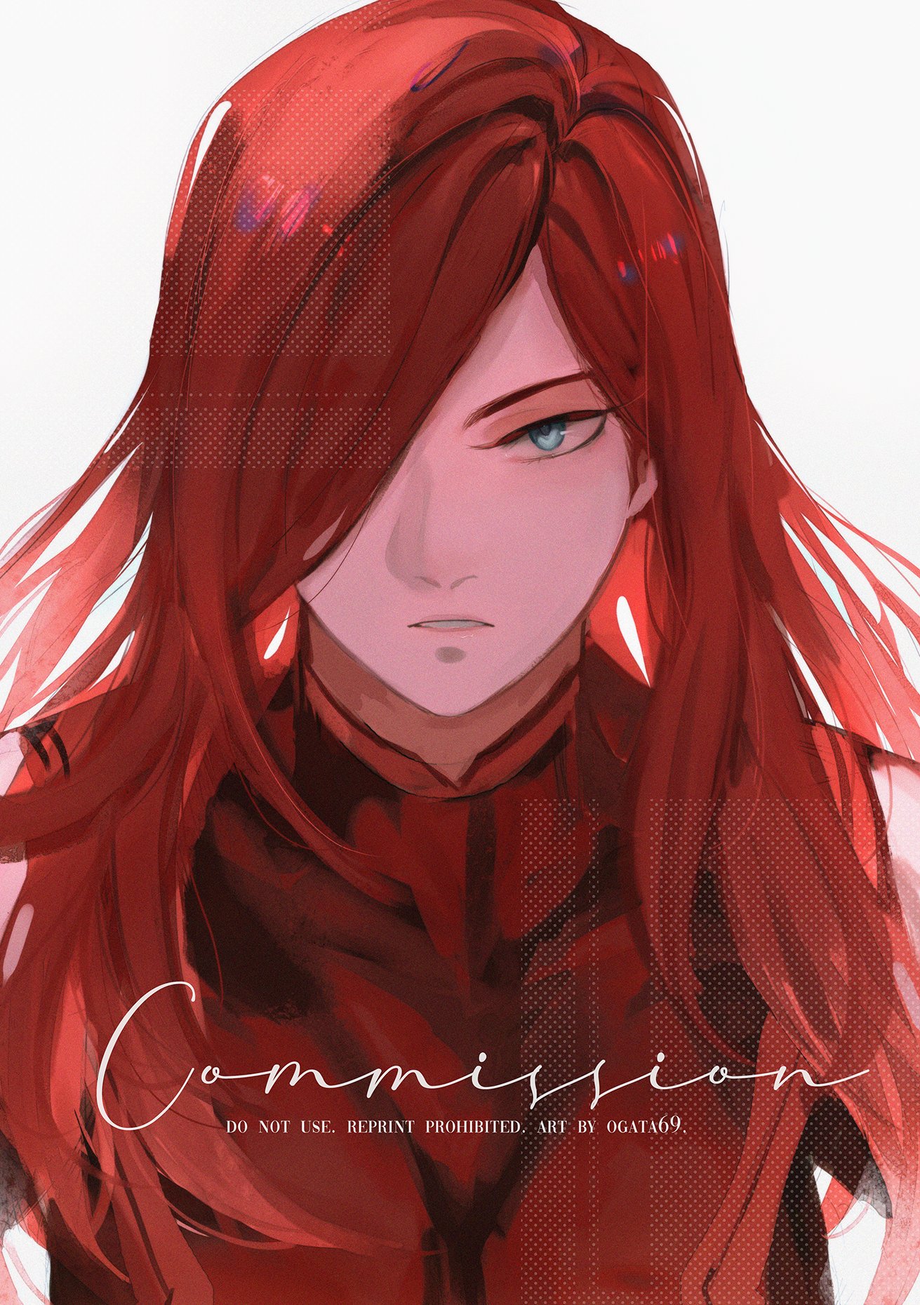 a digital painting of an anime girl with long red hair, red eyes, and wearing a red outfit. she is looking directly at the viewer with a serious expression. the art is labeled "commission" and includes the text "do not use. reprint prohibited. art by ogata69."