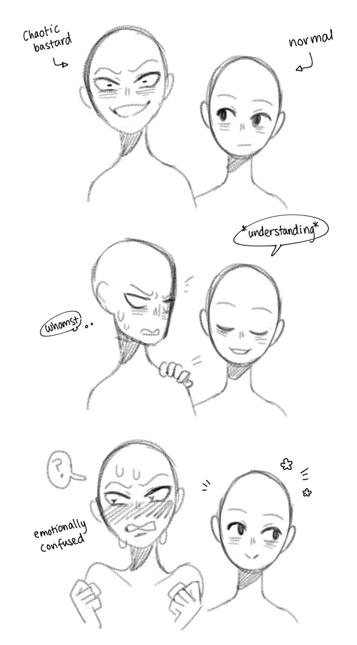 this image is a series of sketches for an anime or manga character. the character is depicted with a variety of facial expressions, including "chaotic bastard", "normal", "understanding", "whomst", "emotionally confused", and a blank template. the sketches are drawn in a simple, loose style, and the character is depicted with a variety of hairstyles and clothing styles.  the image is designed to be used as a reference for artists who are trying to learn how to draw anime and manga characters.